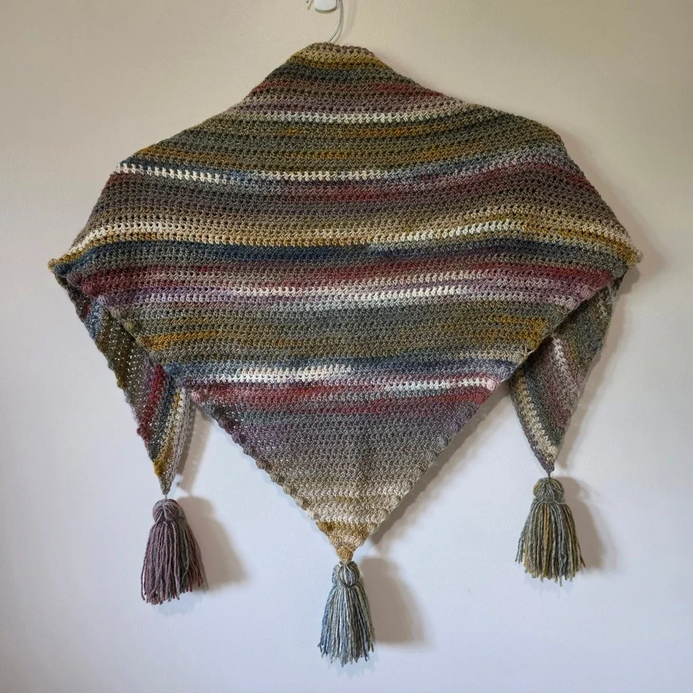 Handmade Crochet Triangle Shawl Women One Size Multicolor Boho Tassel Wrap